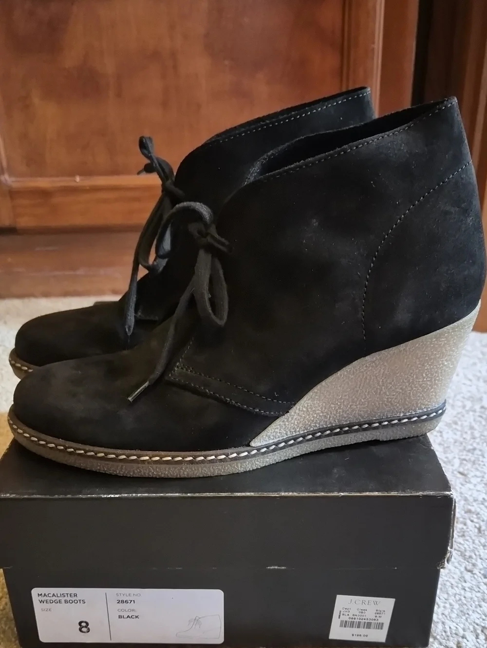 EuC J. Crew Black Suede Lace-Up Wedge Ankle Boots SZ 8